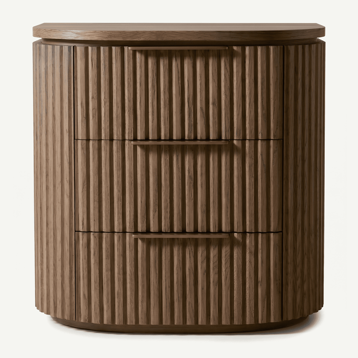 Dark Fluted Oak Three-Drawer Nightstand