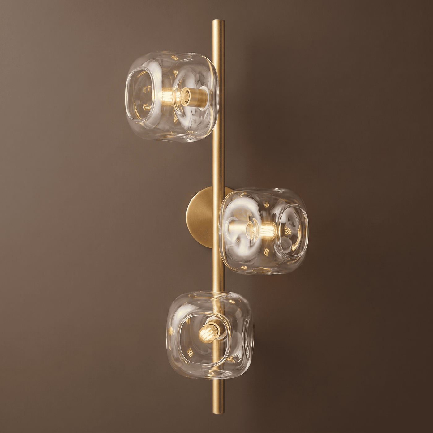 Vertical Brass and Glass Triple Light Sconce