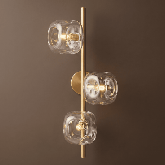 Vertical Brass and Glass Triple Light Sconce