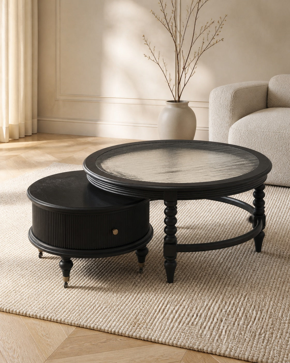 Hera Round Coffee Table Set in a finished interior.