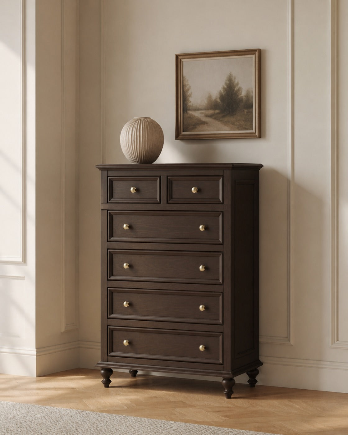 Grace Six-Drawer Chest in a finished interior.