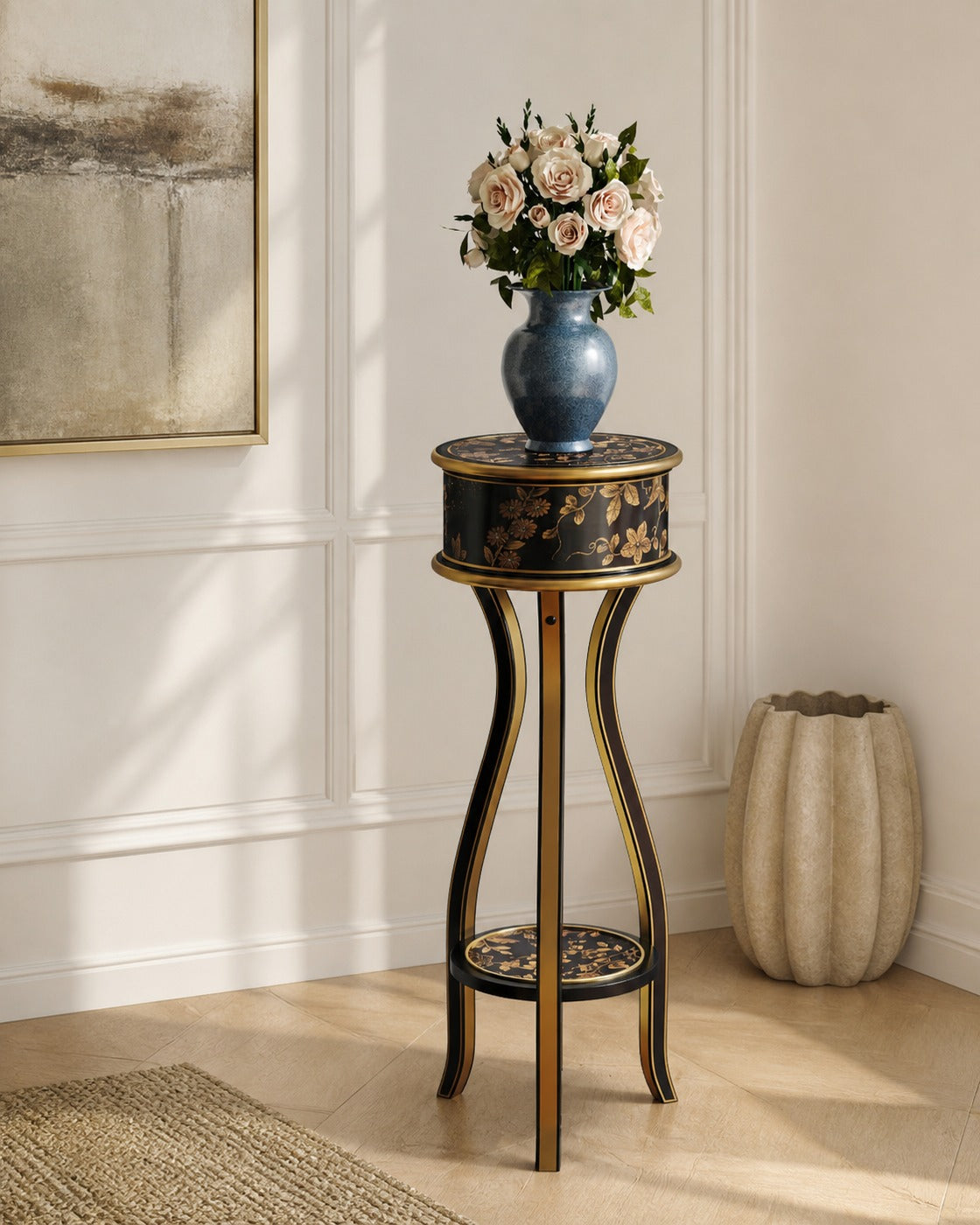 Laffert Three-Legged Flower Stand in a finished interior.