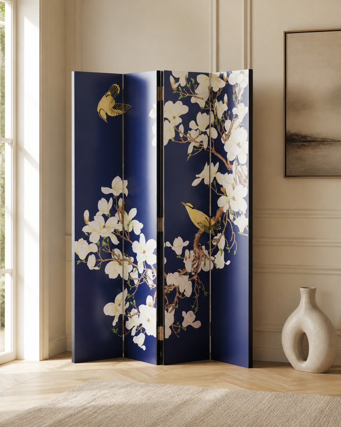 Mulan Painted Screen in a finished interior.