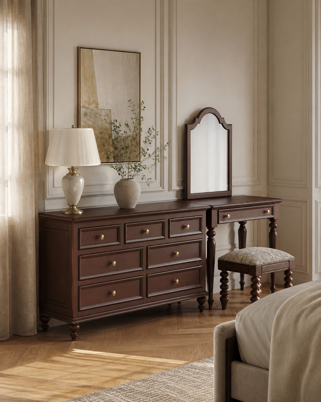 Emily Vanity and Edward Dresser Set in a finished interior.
