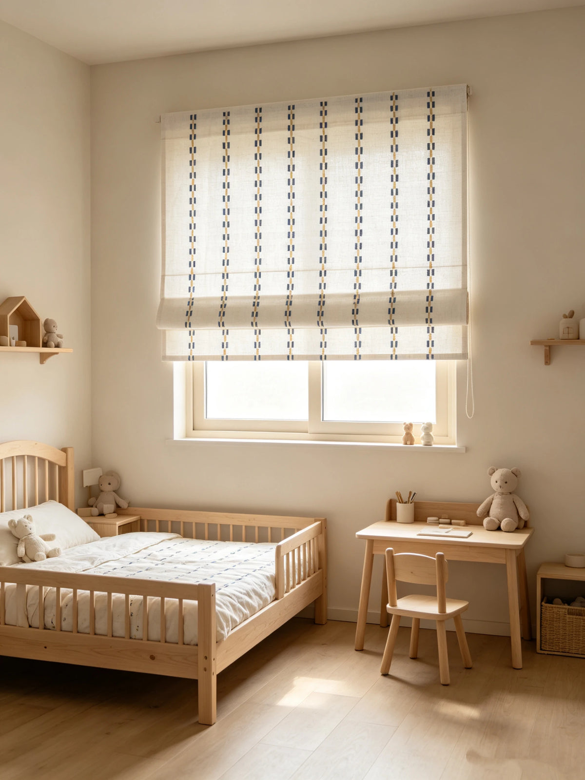 Rowan Mist Curtain Panel in a finished interior.