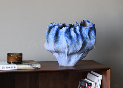 Hand Pinched Pleated Blue Grey Stoneware Vase - scene
