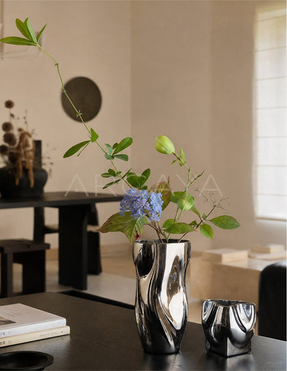 Twisted Pleated Silver Plated Ceramic Vase - scene