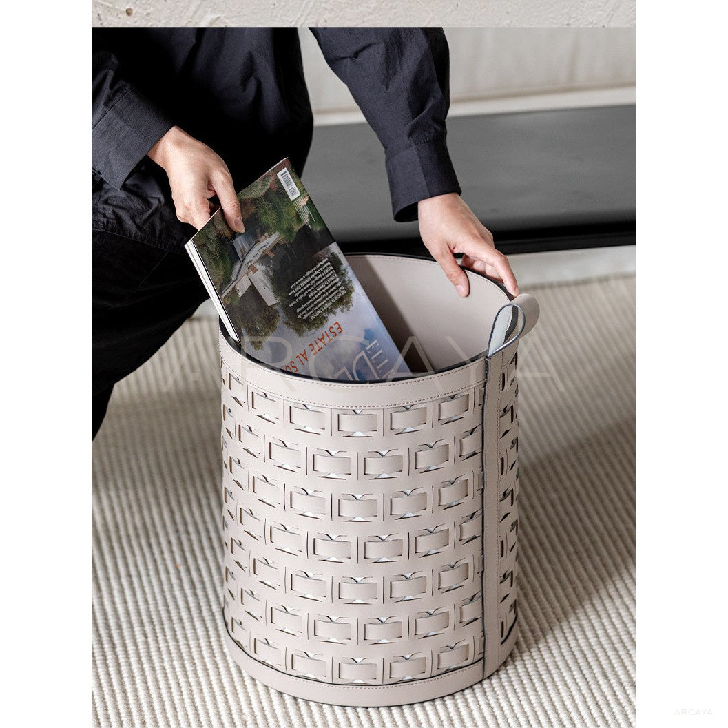 Handwoven Leather Laundry Basket With Handles in detail