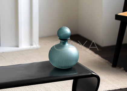 Vintage Mist Blue Ribbed Frosted Glass Vase - scene