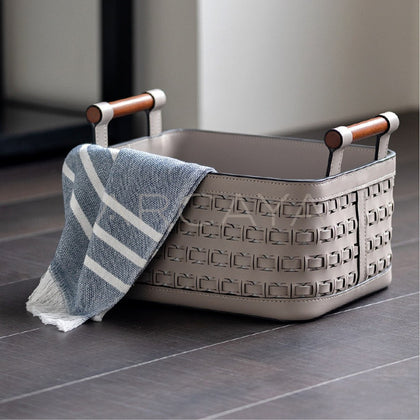 Handwoven Leather Wardrobe Basket Wood Handles - main