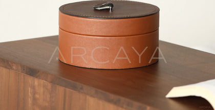 Caramel Brown Leather Round Storage Box - scene