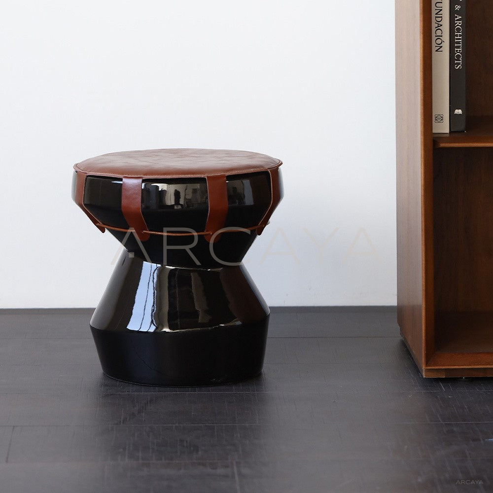 Black Gold Leather Art Drum Stool - main