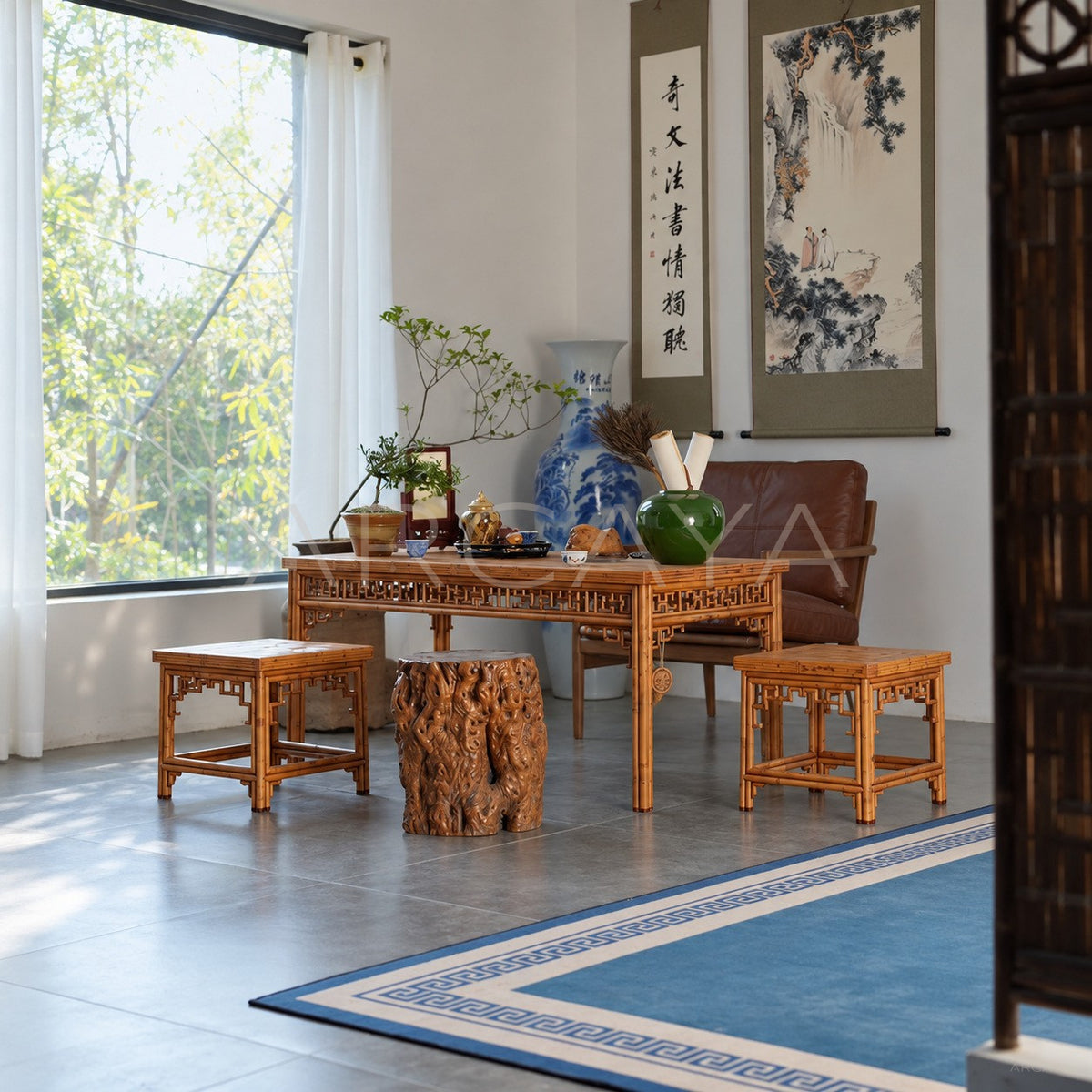 Marquetry Bamboo Rectangular Tea Table in detail