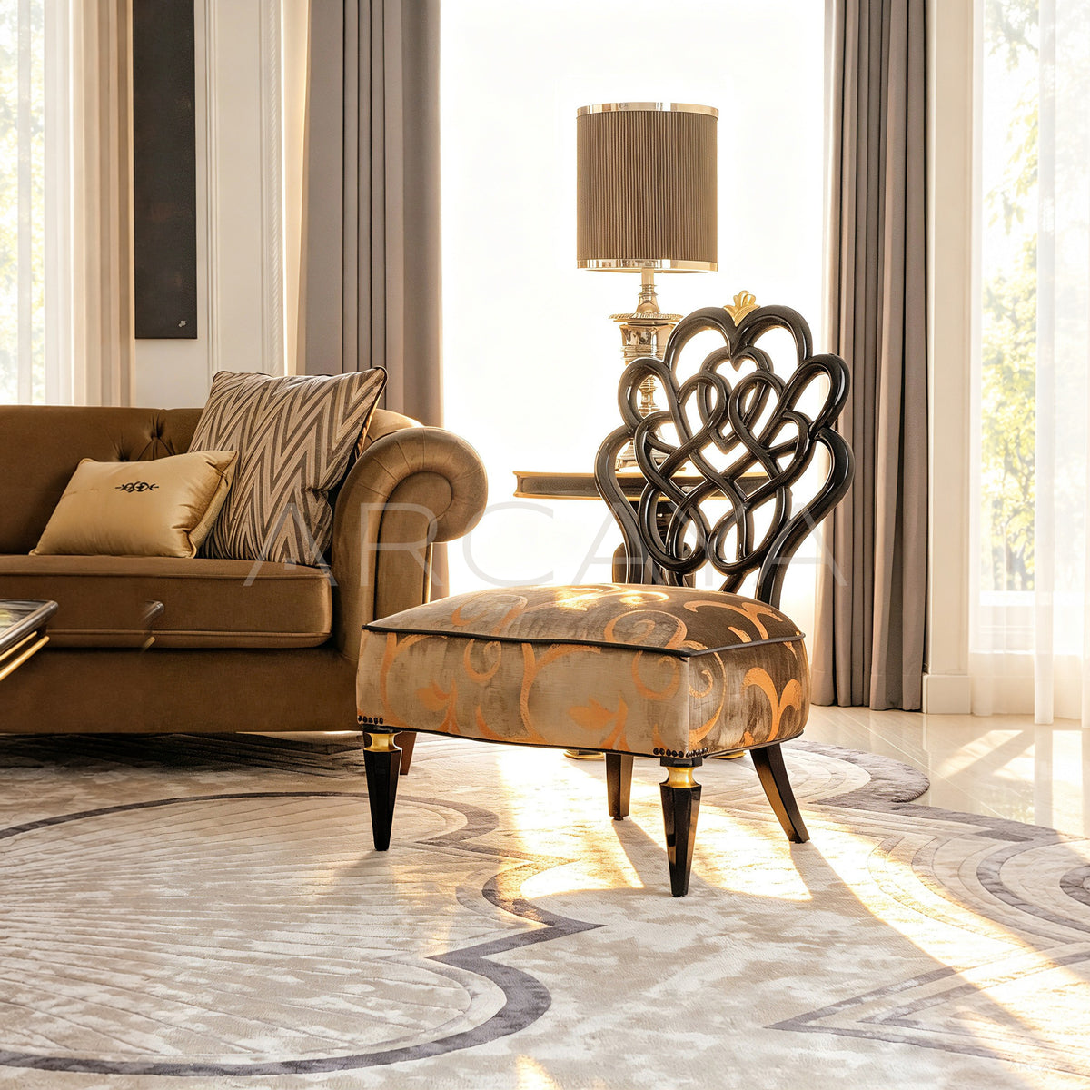 Gilded Brocade Wood Carved Oriental Chair - main