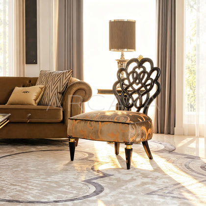 Gilded Brocade Wood Carved Oriental Chair - main