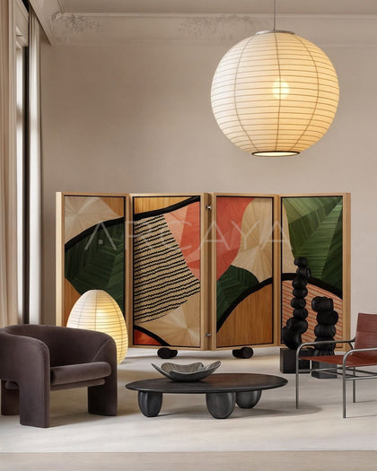 Handmade Straw Marquetry Folding Screen - scene