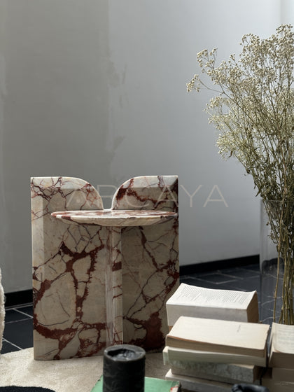 Red Veined Marble Geometric Side Table - scene