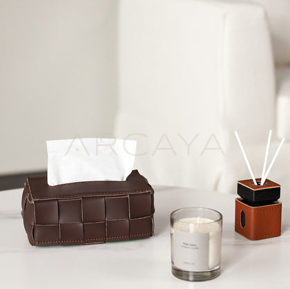 Vintage Brown Handwoven Leather Tissue Box - scene