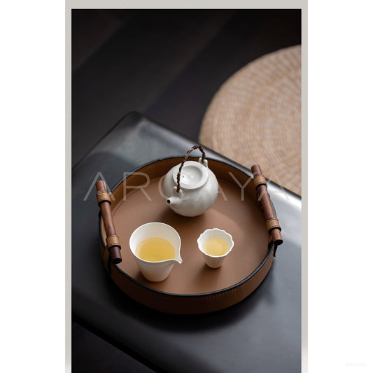 Vintage Brown Double Wood Handle Leather Round Tray - scene