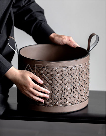 Handwoven Leather Magazine Basket - scene