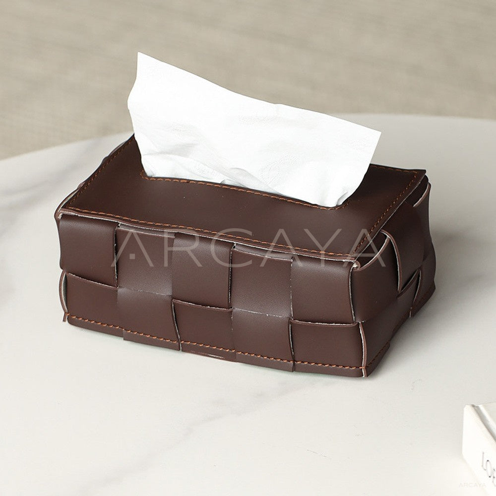 Vintage Brown Handwoven Leather Tissue Box - main