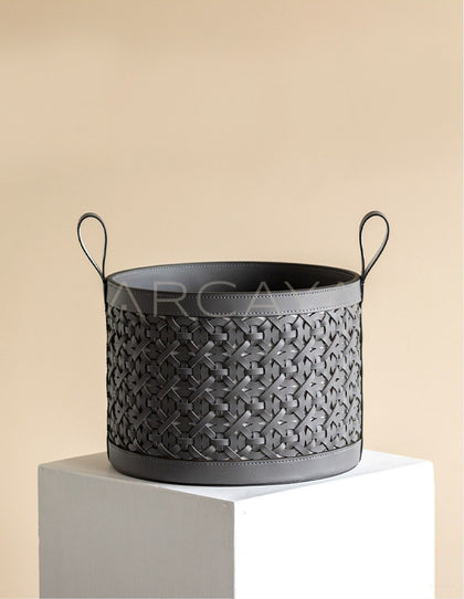 Handwoven Leather Magazine Basket - scene