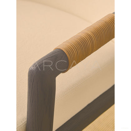 Old Money Oak Dining Chair Woven Leather Arms - scene