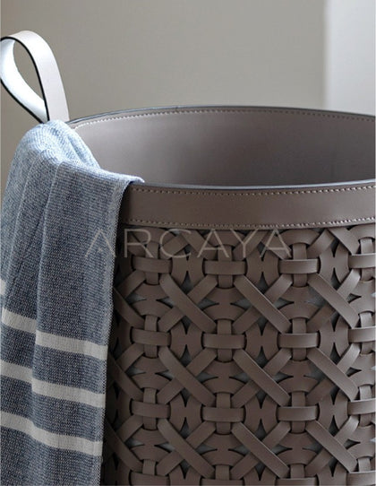 Vintage Handwoven Leather Laundry Hamper - scene