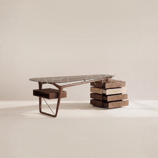 Walnut Irregular Glass Stacked Drawer Desk - main