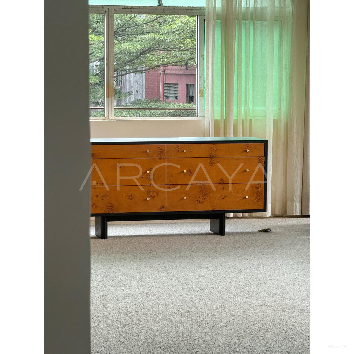 Mid Century Burl Veneer Cabinet in detail