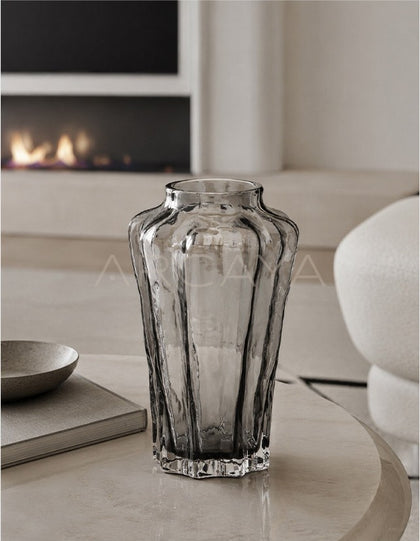 Handmade Ribbed Smoked Glass Vase - scene