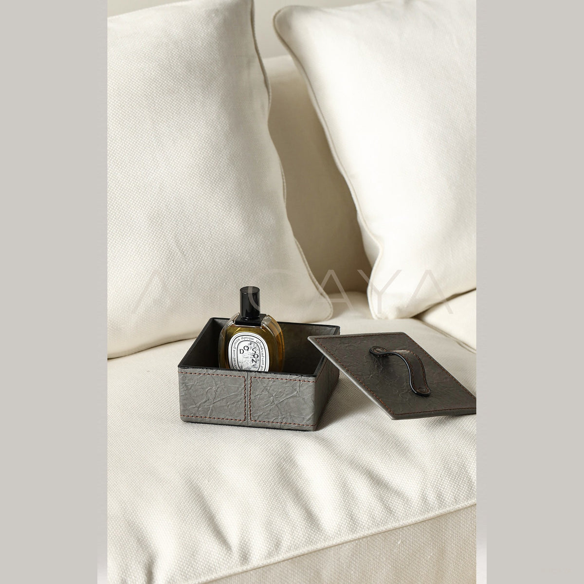 Grey Leather Lidded Storage Box in detail