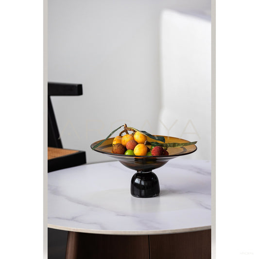 Amber Black Handmade Footed Glass Fruit Bowl - scene