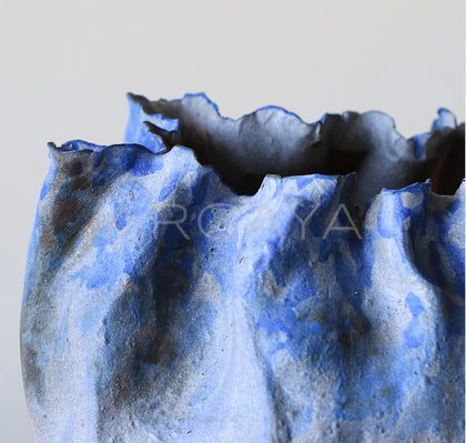 Hand Pinched Pleated Blue Grey Stoneware Vase - scene