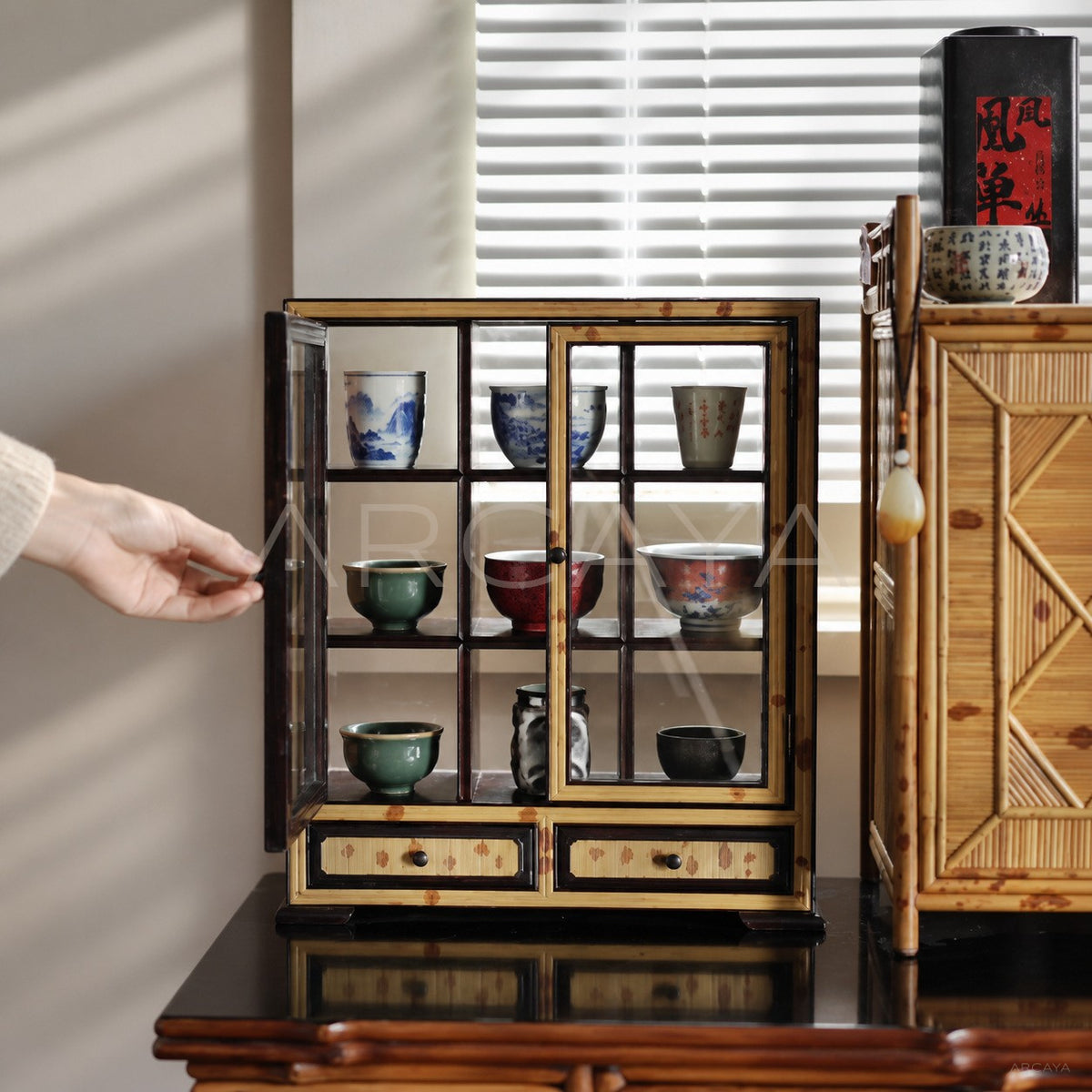 Glass Double Door Teacup Display Cabinet in detail