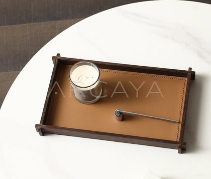 Solid Wood Dark Brown Leather Aroma Tray - scene