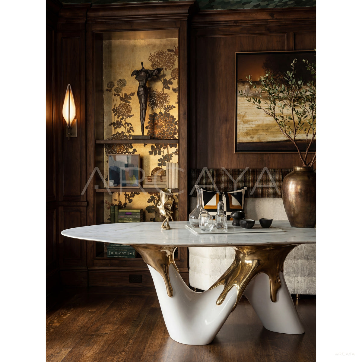 Flowing Gold Leg White Marble Table in detail