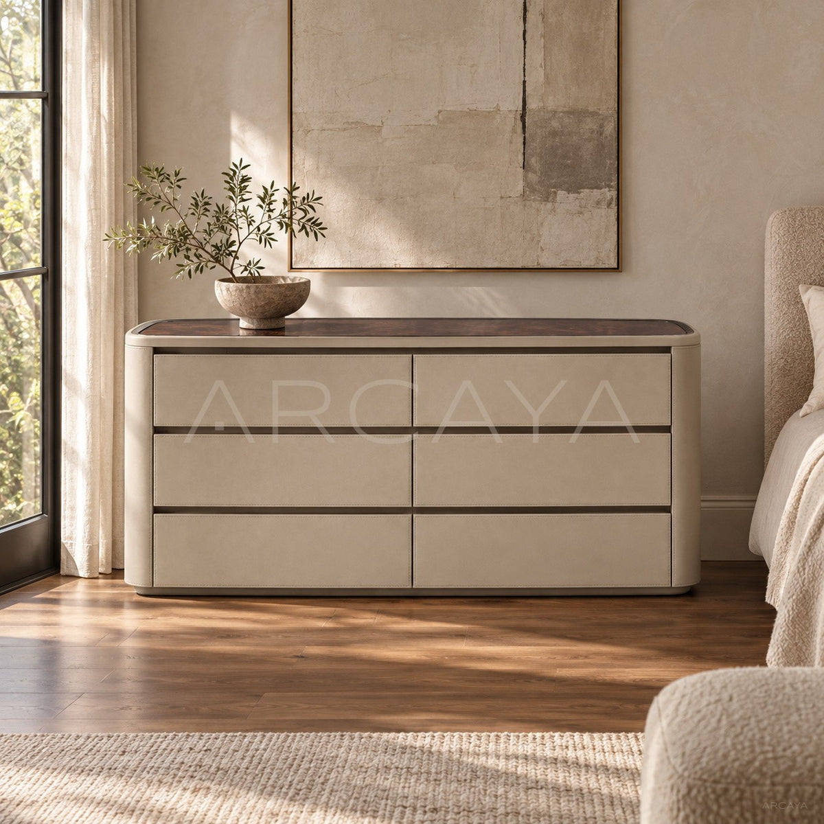 Nappa Leather Curved Milk Coffee Sideboard in detail
