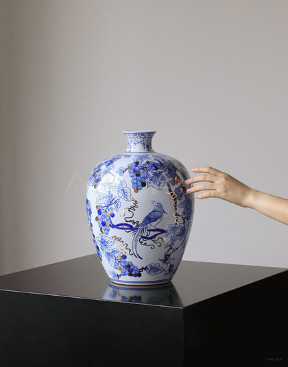 Hand Painted Blue White Gilded Fruit Vase - scene
