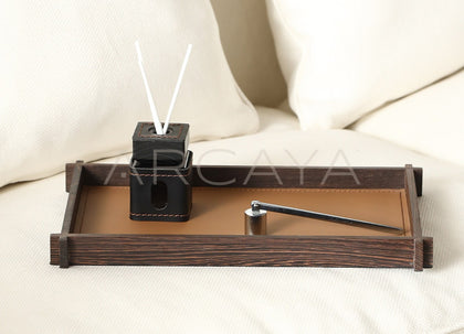 Solid Wood Dark Brown Leather Aroma Tray - scene