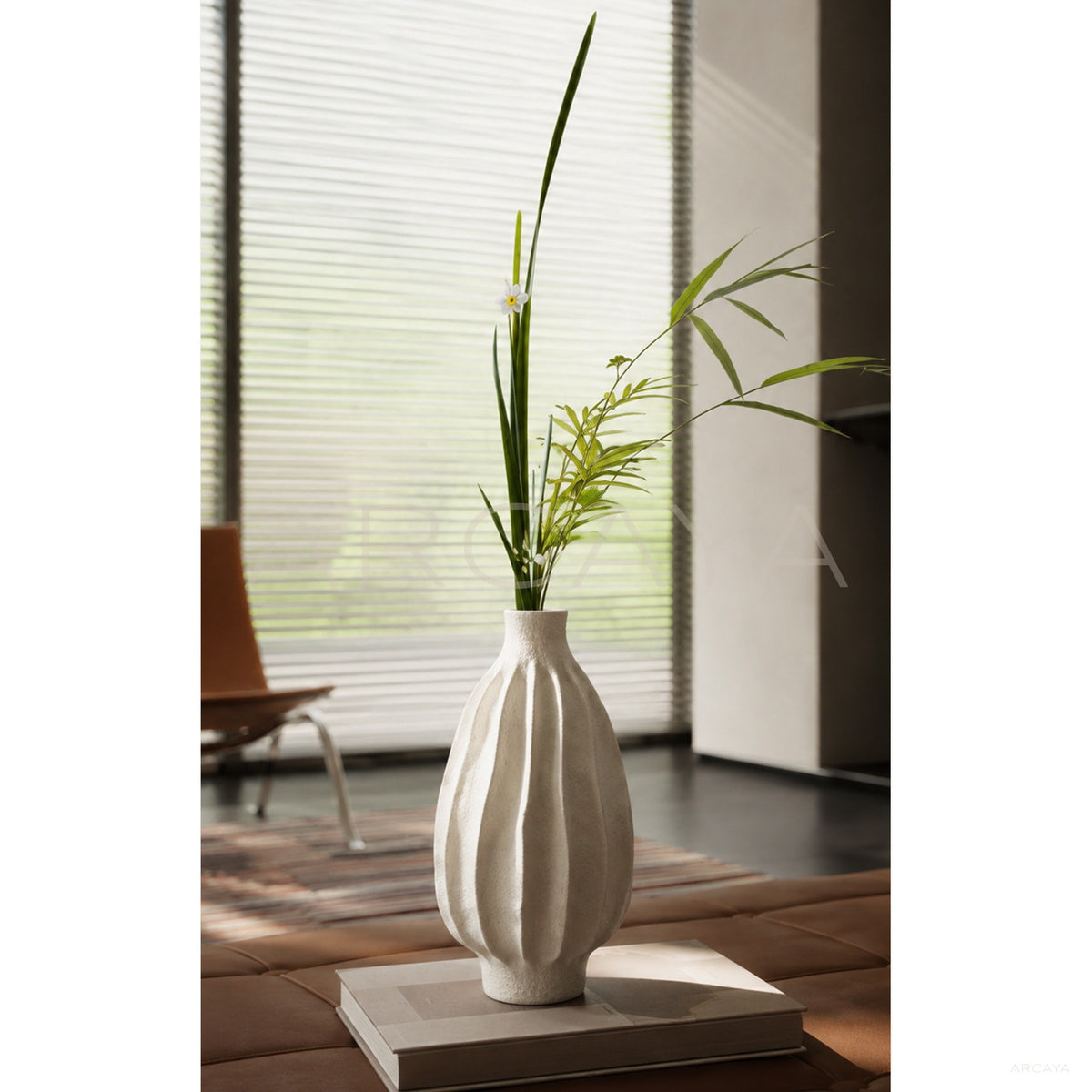 Wabi Sabi Ribbed White Ceramic Vase in detail