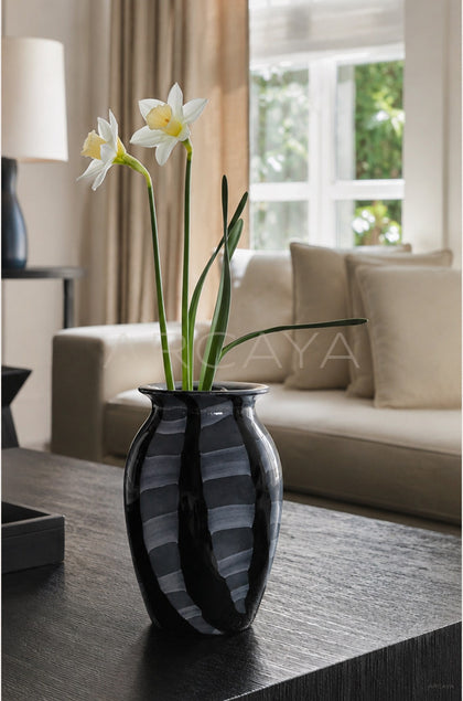 Black Grey Striped Glass Vase - scene