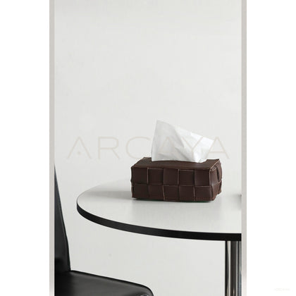 Vintage Brown Handwoven Leather Tissue Box - scene