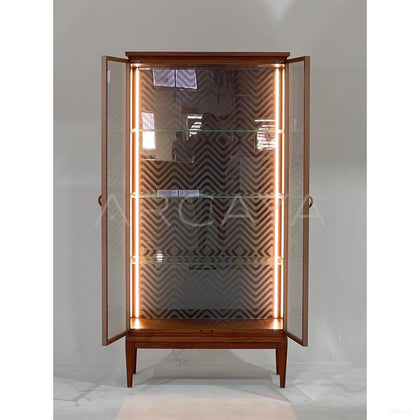 Mid Century Walnut Glass Door Lighted Wine Cabinet - scene