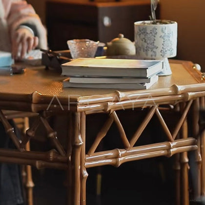 Cabriole Leg Bamboo Round Tea Table - detail