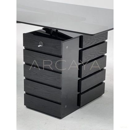Smoked Wood Wing Frame Glass Multi Drawer Desk - scene