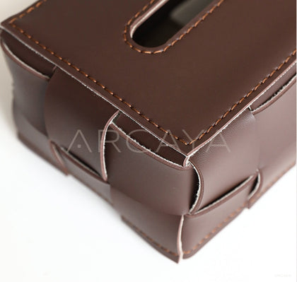 Vintage Brown Handwoven Leather Tissue Box - scene