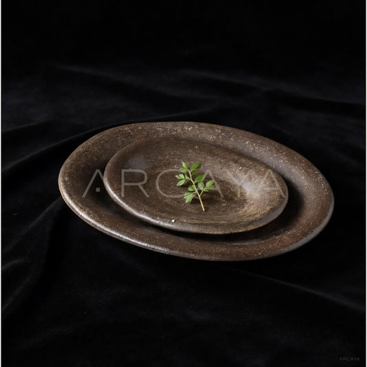 Amu Collab Brown Sand Glaze Oval Stoneware Plate - main