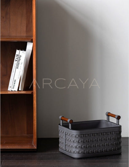Handwoven Leather Wardrobe Basket Wood Handles - scene