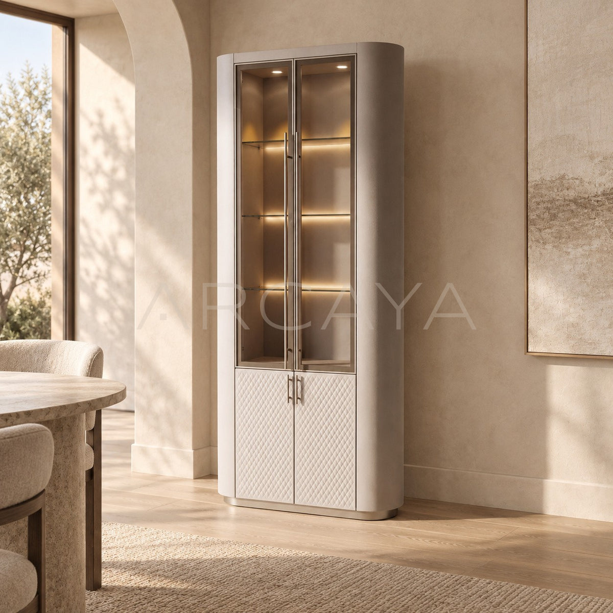 Italian Diamond Leather Glass Display Cabinet in detail